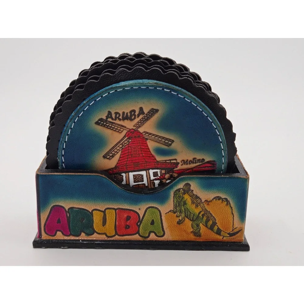 Leather Hand Painted ARUBA Coaster Set‎ 6 Coasters + Holder Souvenir Gift NEW